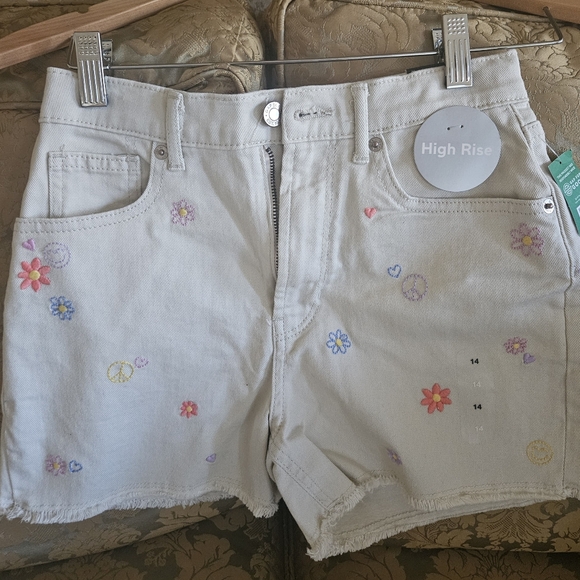 NWT Gap Girls shorts embroidered denim high rise adjustable waist beige - Picture 2 of 11